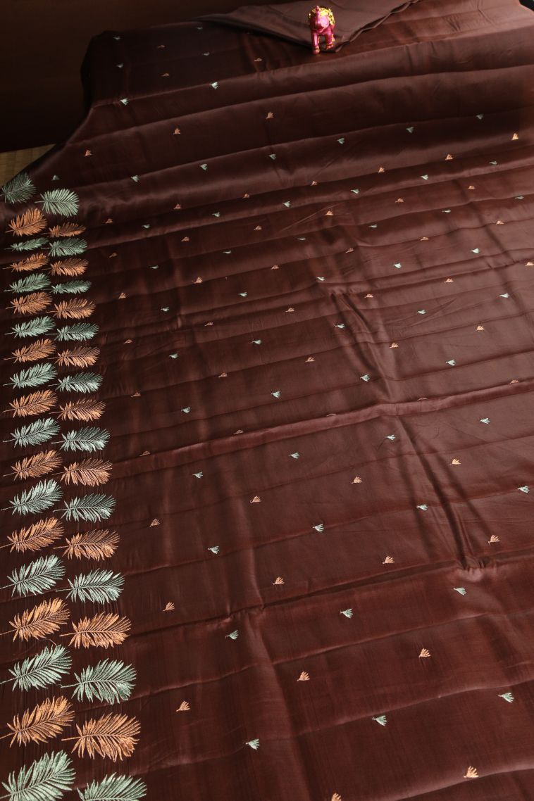 Cinnamon Brown Raw Silk Sarees Without Zari with Floral Puttas Embroidary view 2