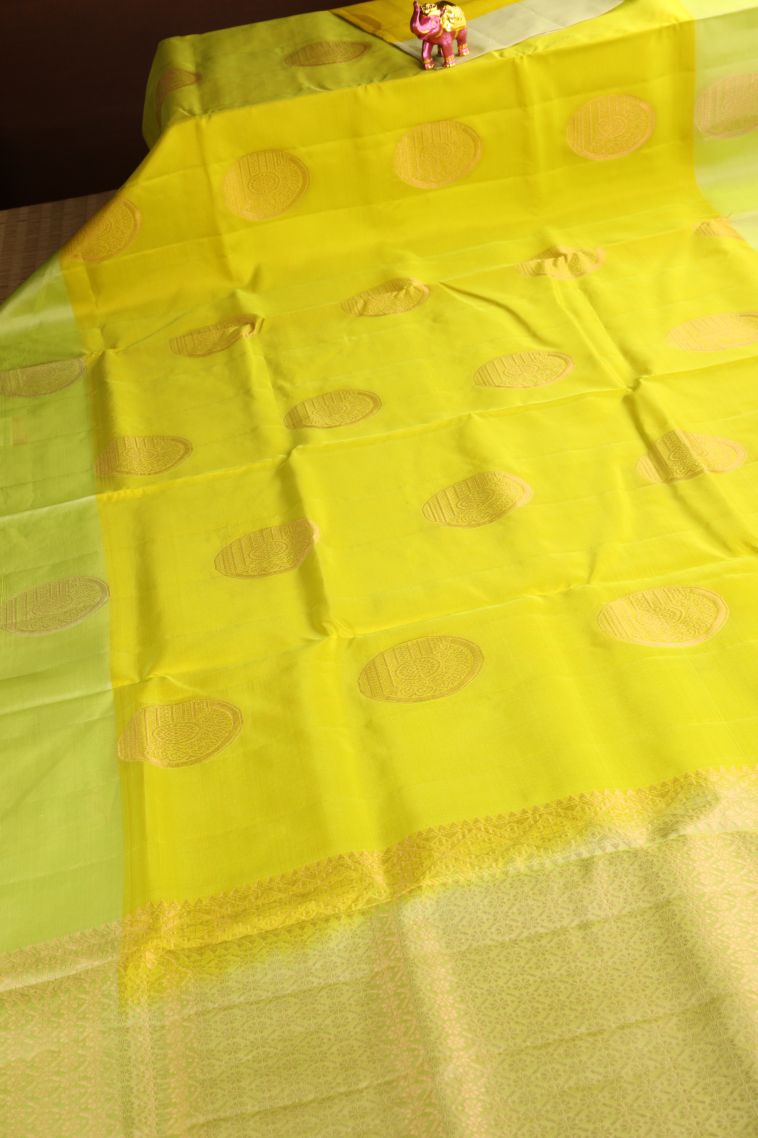 Lime Yellow Soft Silk Saree Copper Zari with Circle Mottif view 2
