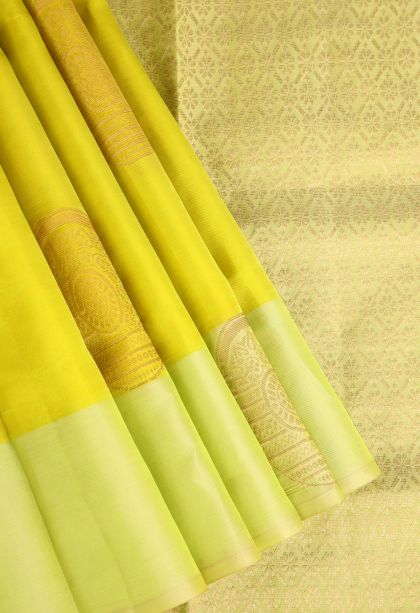 Lime Yellow Soft Silk Saree Copper Zari with Circle Mottif