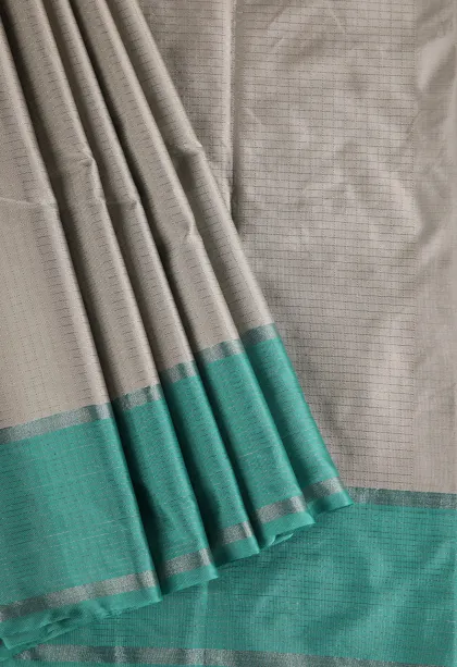 Gray Black Arani Silk Sarees with Silver Zari Small Checks Pattern
