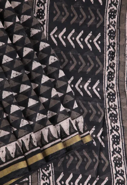 Asphalt Black Chanderi Cotton Sarees Without Zari With Geometric Shapes