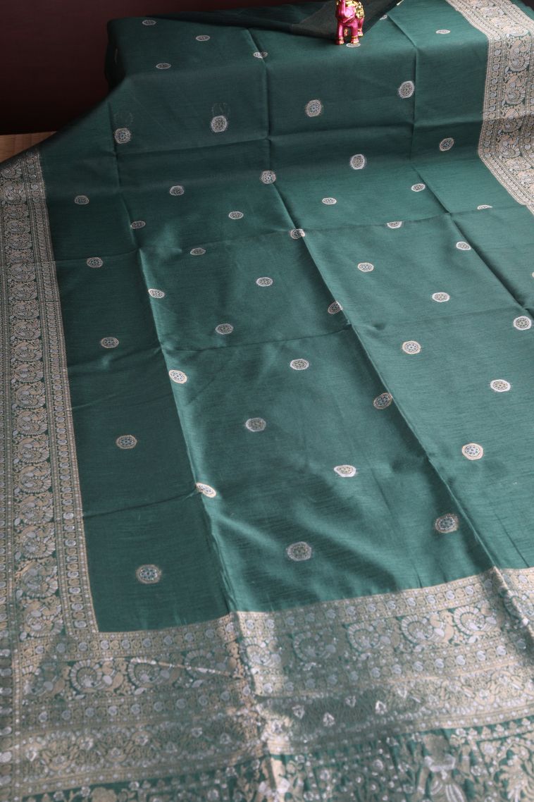 Bottle Green Raw Silk Sarees with Copper Zari Puttas view 2
