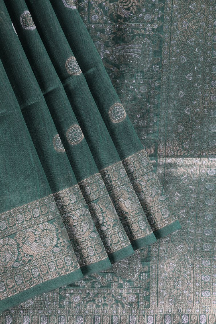 Bottle Green Raw Silk Sarees with Copper Zari Puttas