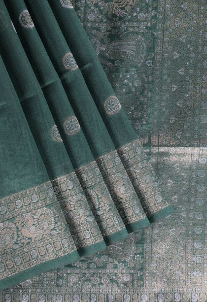 Bottle Green Raw Silk Sarees with Copper Zari Puttas