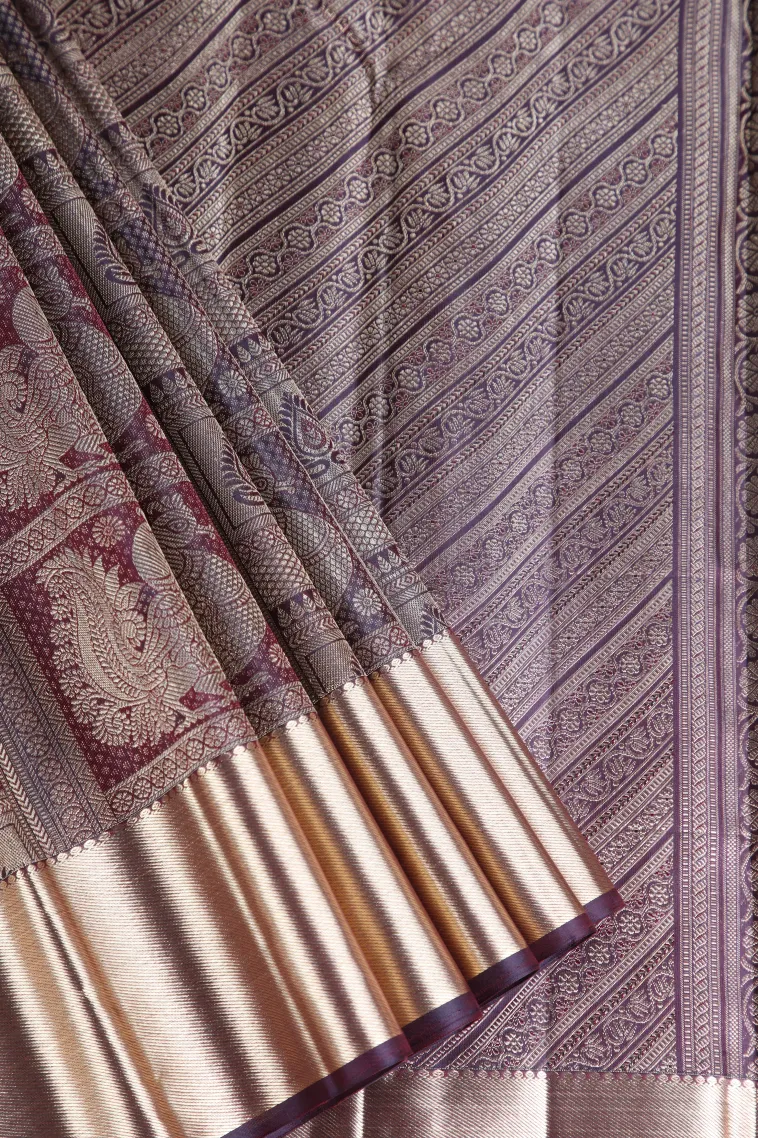 Berry Red Kanchipuram Silk Sarees with Gold Zari Pathik Motifs view 1