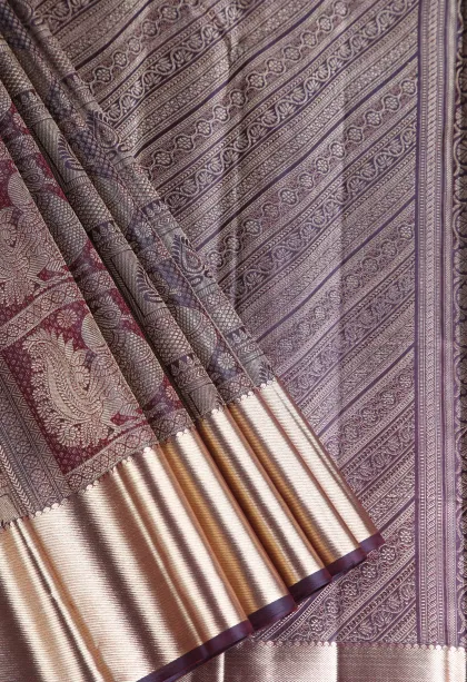 Berry Red Kanchipuram Silk Sarees with Gold Zari Pathik Motifs