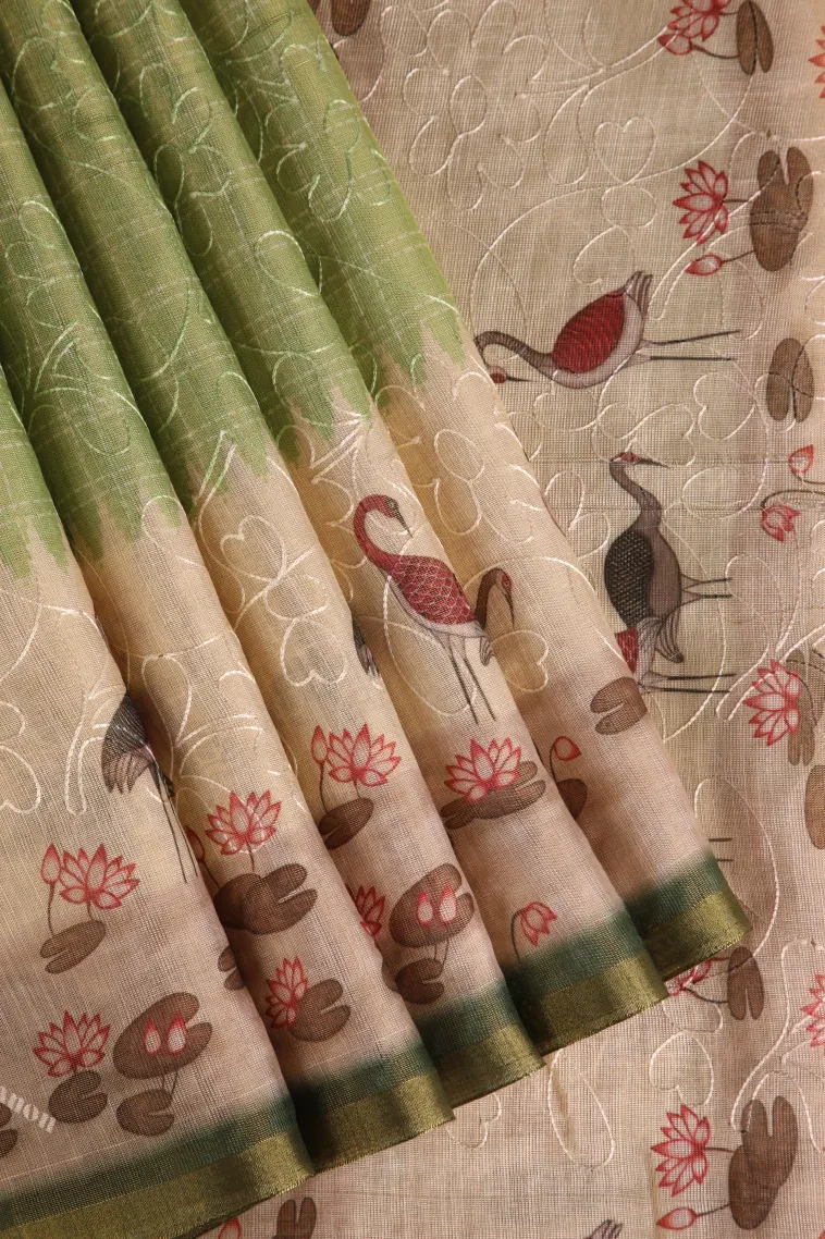 Olive Green Linen Saree Without Zari With Embroidary