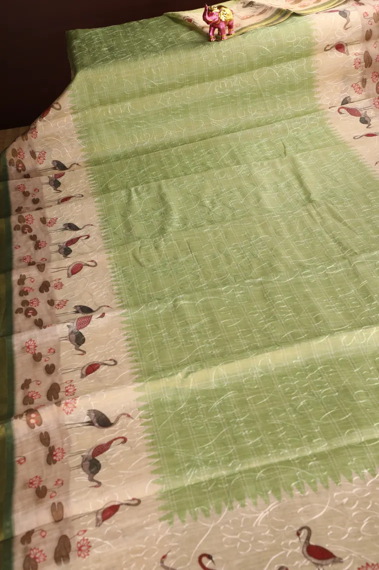 Olive Green Linen Saree Without Zari With Embroidary view 2