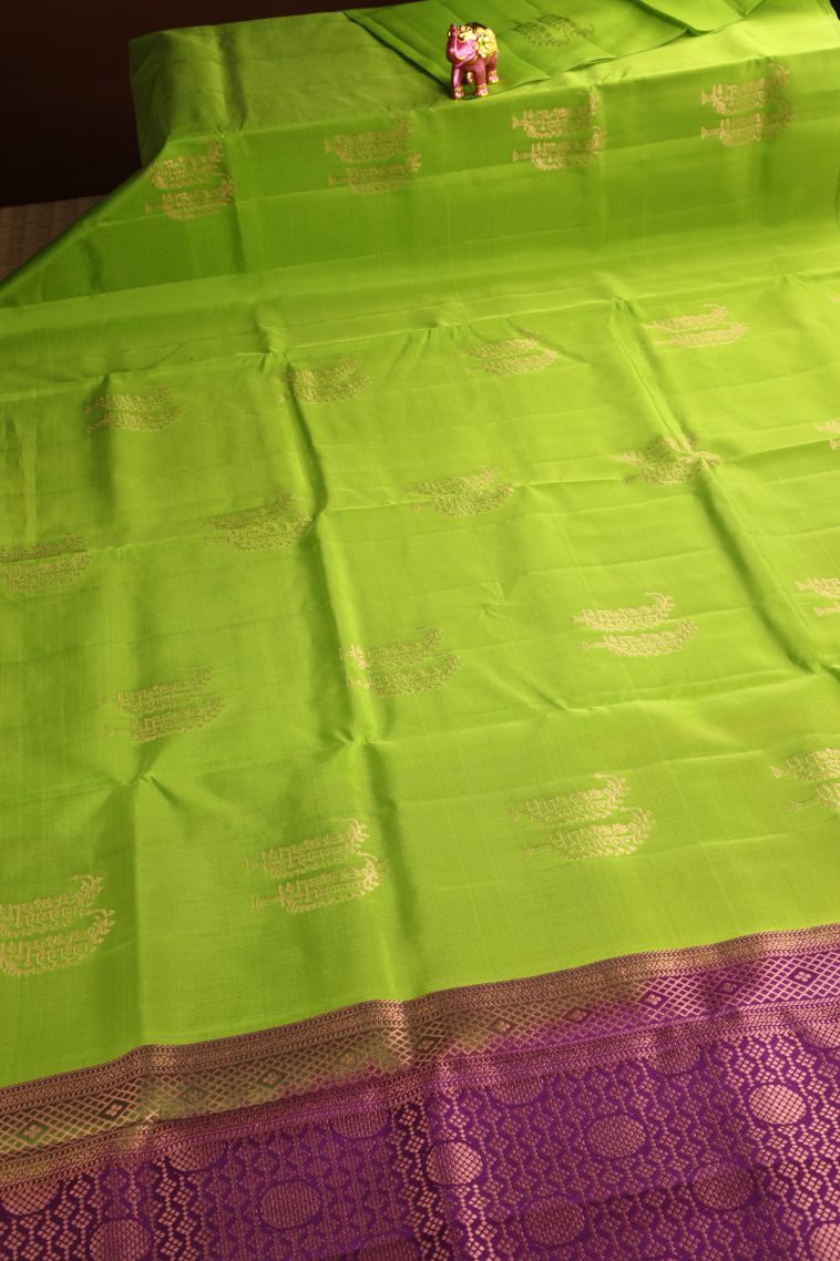 Lime Green Soft Silk Saree Gold Zari with Manga view 2