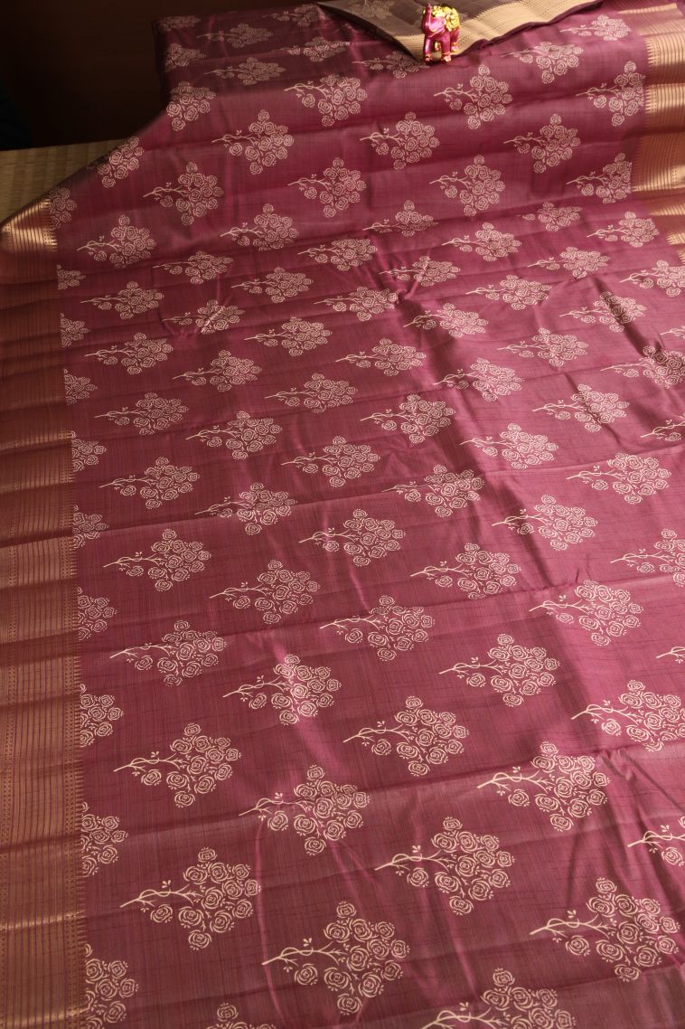 Ruby Red Semi Raw Silk Printed Gold Zari with Floral Patterns view 2
