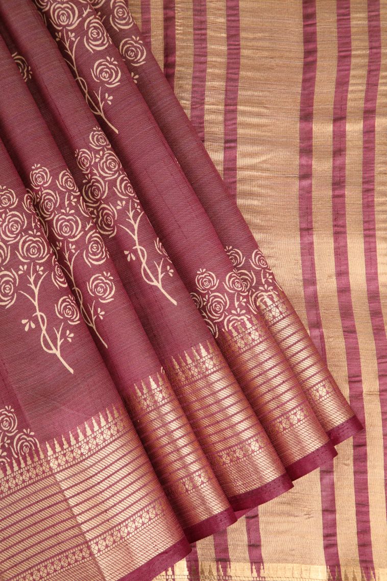 Ruby Red Semi Raw Silk Printed Gold Zari with Floral Patterns