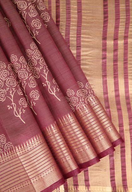 Ruby Red Semi Raw Silk Printed Gold Zari with Floral Patterns