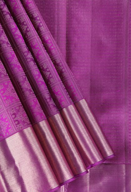 Magenta Purple Kanchipuram Silk Sarees with Gold Zari Jamandery Pattern
