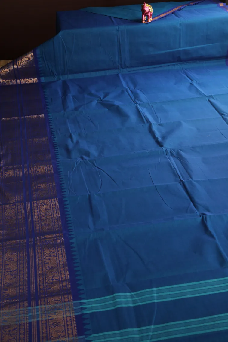 Daffane Blue Chettinad Cotton Sarees with Gold Zari Plain view 2