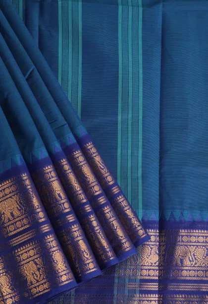 Daffane Blue Chettinad Cotton Sarees with Gold Zari Plain