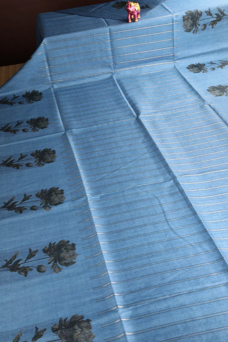 Cerulean Blue Tussar Saree Without Zari With Stripes view 2