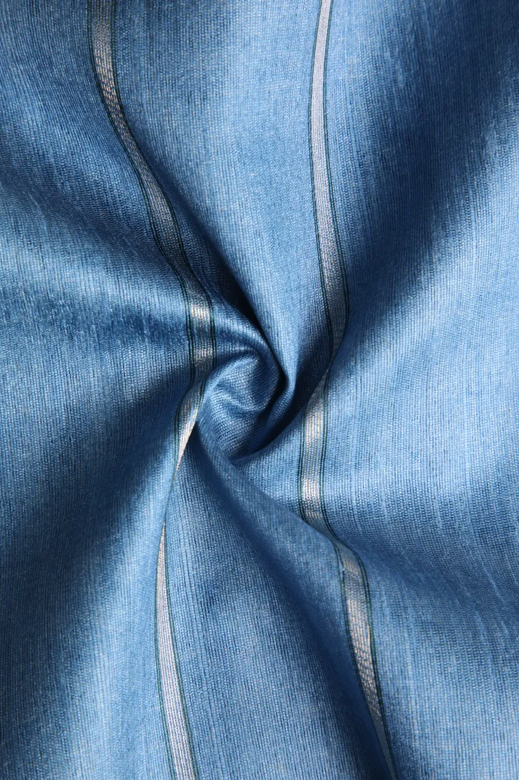 Cerulean Blue Tussar Saree Without Zari With Stripes view 4