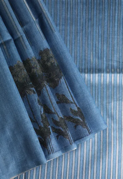 Cerulean Blue Tussar Saree Without Zari With Stripes