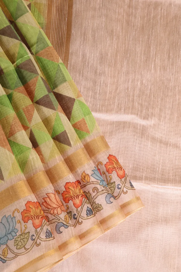 Lime Green Jute Sarees Without Zari With Geometric Shapes