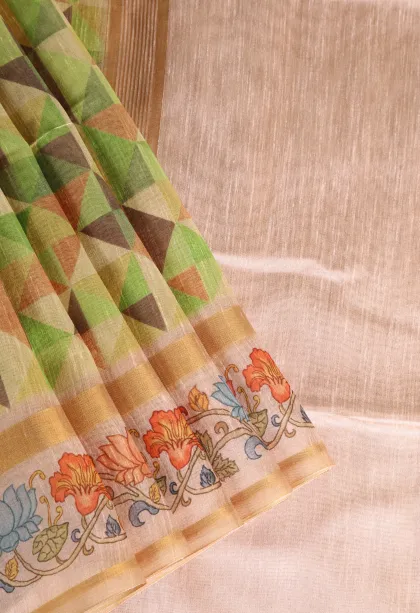 Lime Green Jute Sarees Without Zari With Geometric Shapes
