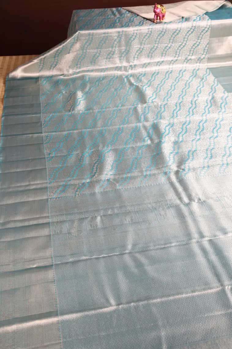 Sky Blue Kanchipuram Silk Sarees with Gold Zari Floral Patterns view 2