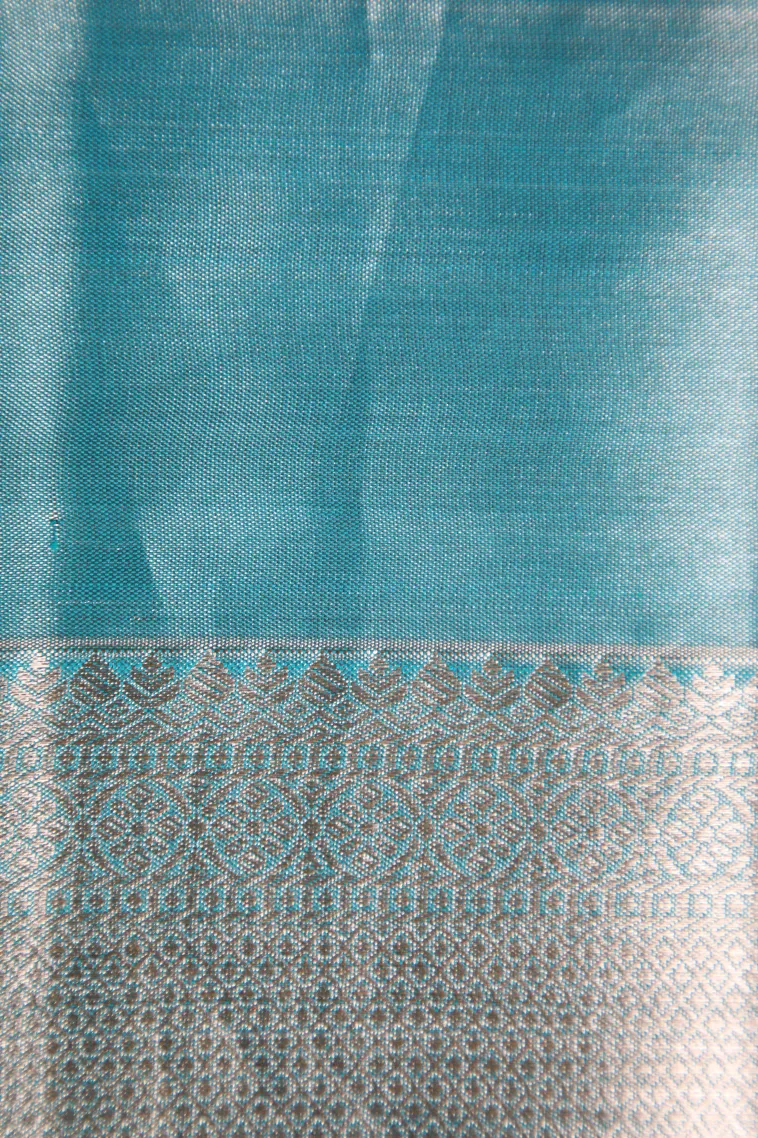 Sky Blue Kanchipuram Silk Sarees with Gold Zari Floral Patterns view 3