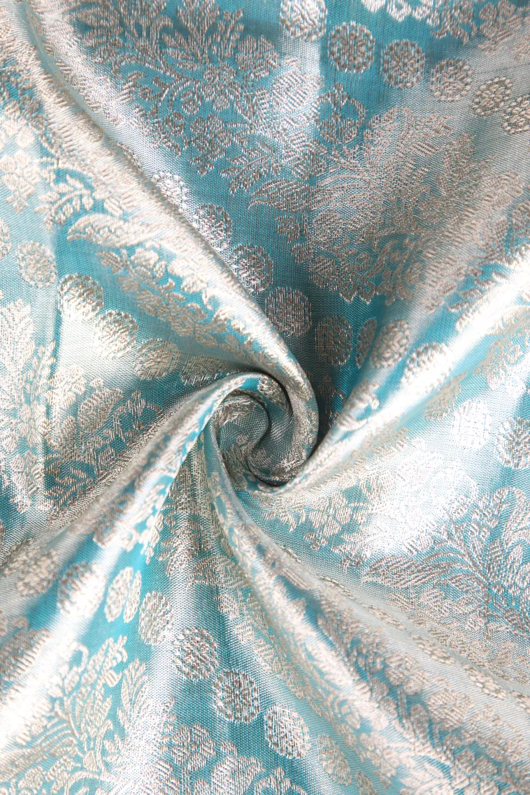Sky Blue Kanchipuram Silk Sarees with Gold Zari Floral Patterns view 4