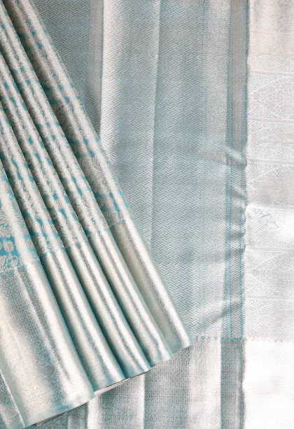 Sky Blue Kanchipuram Silk Sarees with Gold Zari Floral Patterns