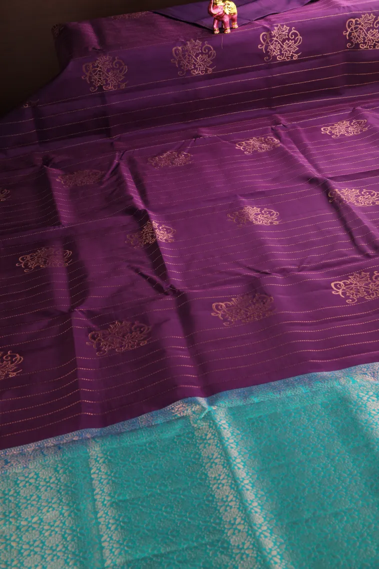 Viola Purple Soft Silk Saree with Copper Zari Straipes And Puttas view 2