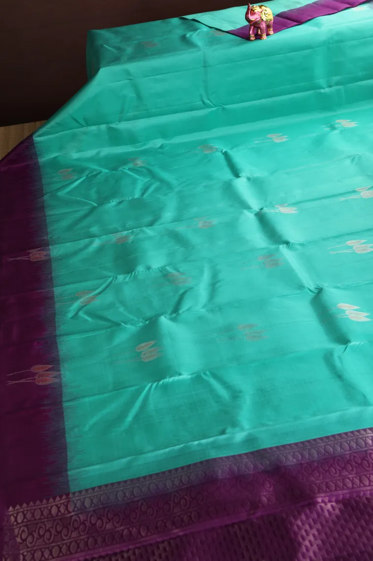 Sky Blue Soft Silk Saree with Silver Zari Leaf Puttas view 2