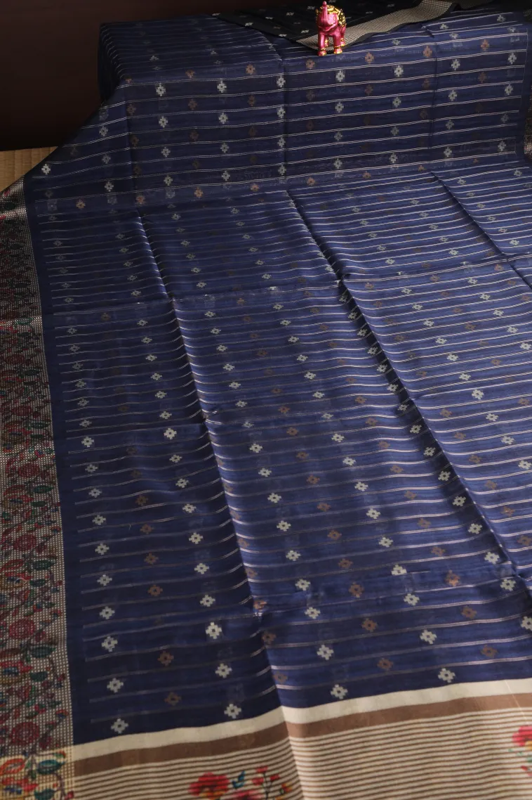 Navy Blue Raw Silk Sarees with Gold And Silver Zari Straipes And Puttas view 2