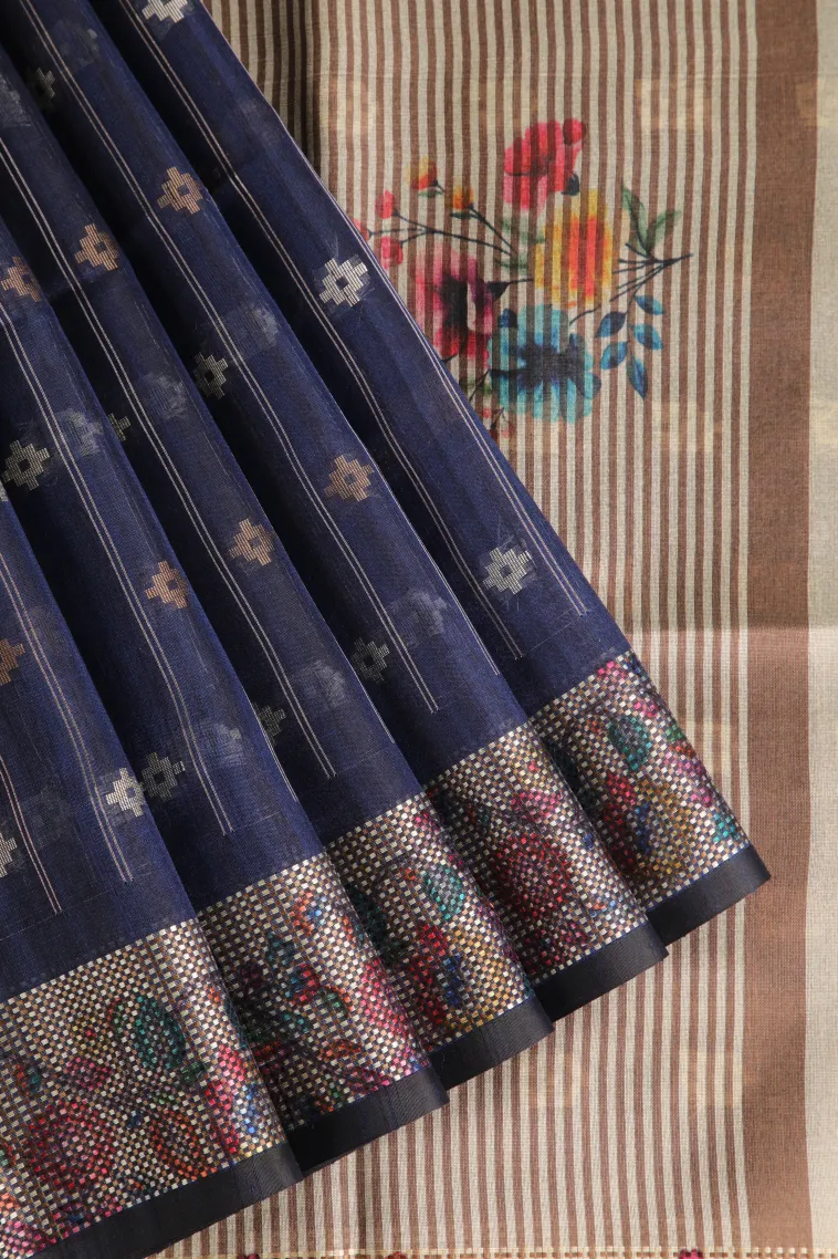 Navy Blue Raw Silk Sarees with Gold And Silver Zari Straipes And Puttas view 1