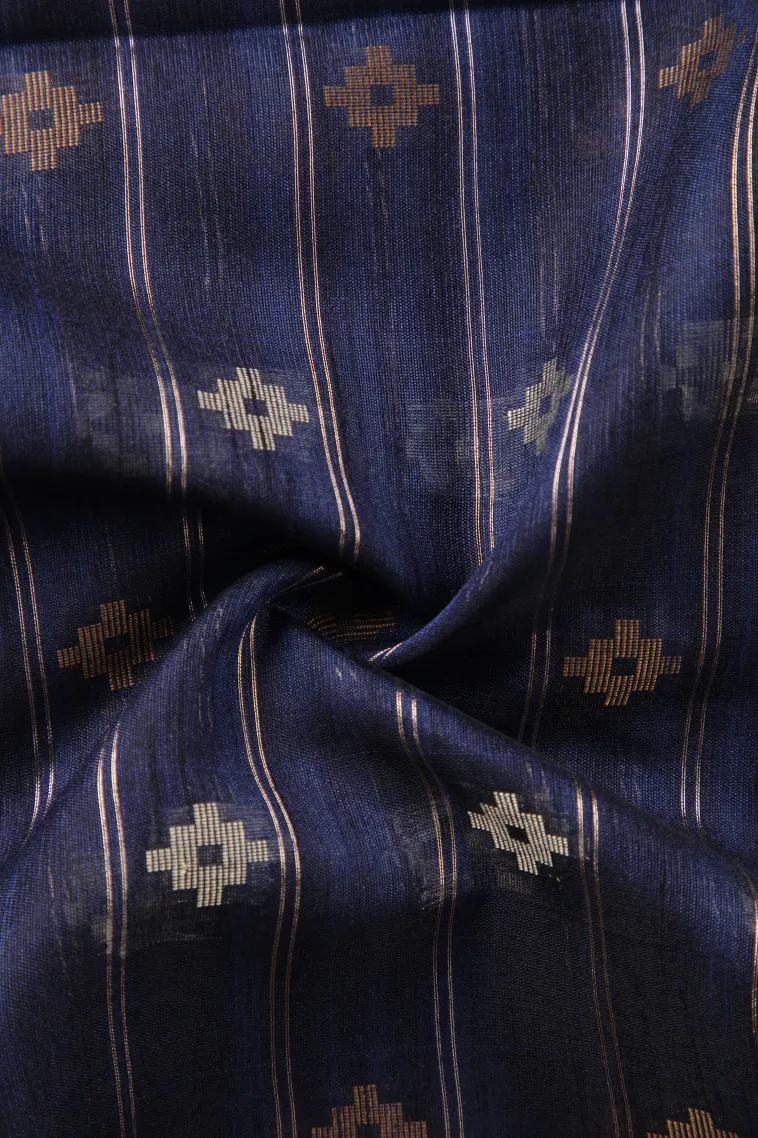 Navy Blue Raw Silk Sarees with Gold And Silver Zari Straipes And Puttas view 4