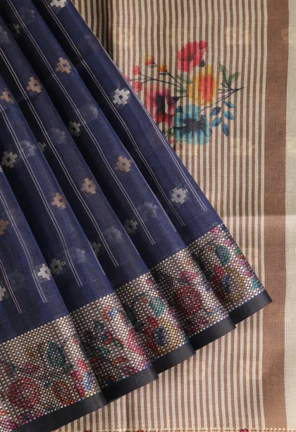 Navy Blue Raw Silk Sarees with Gold And Silver Zari Straipes And Puttas