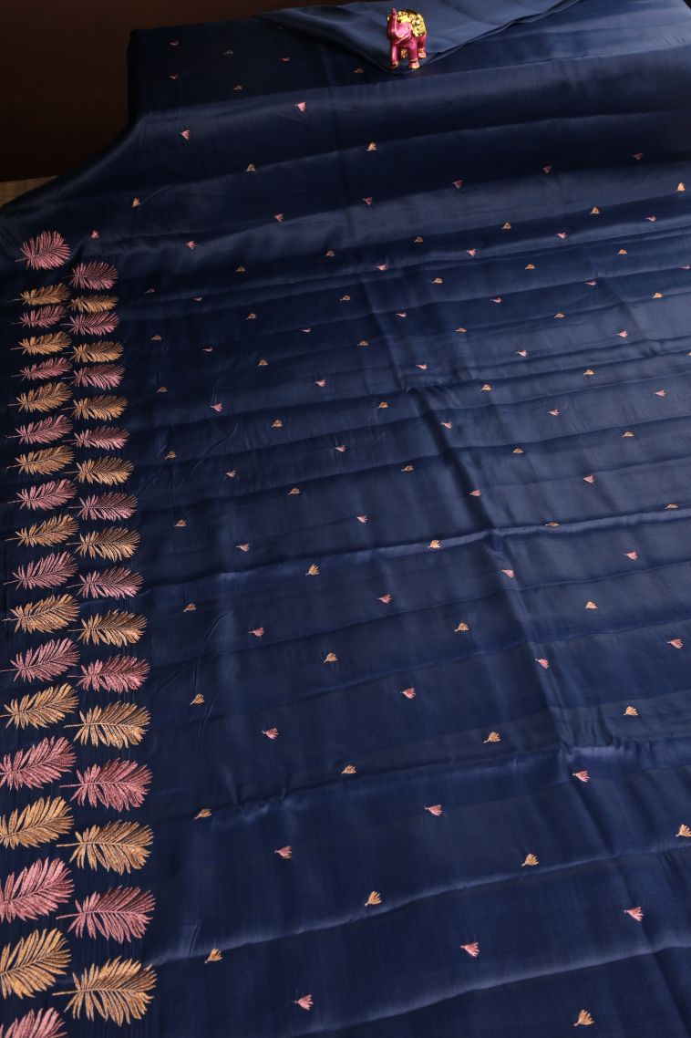 Berry Blue Raw Silk Sarees Without Zari with Floral Puttas Embroidary view 2