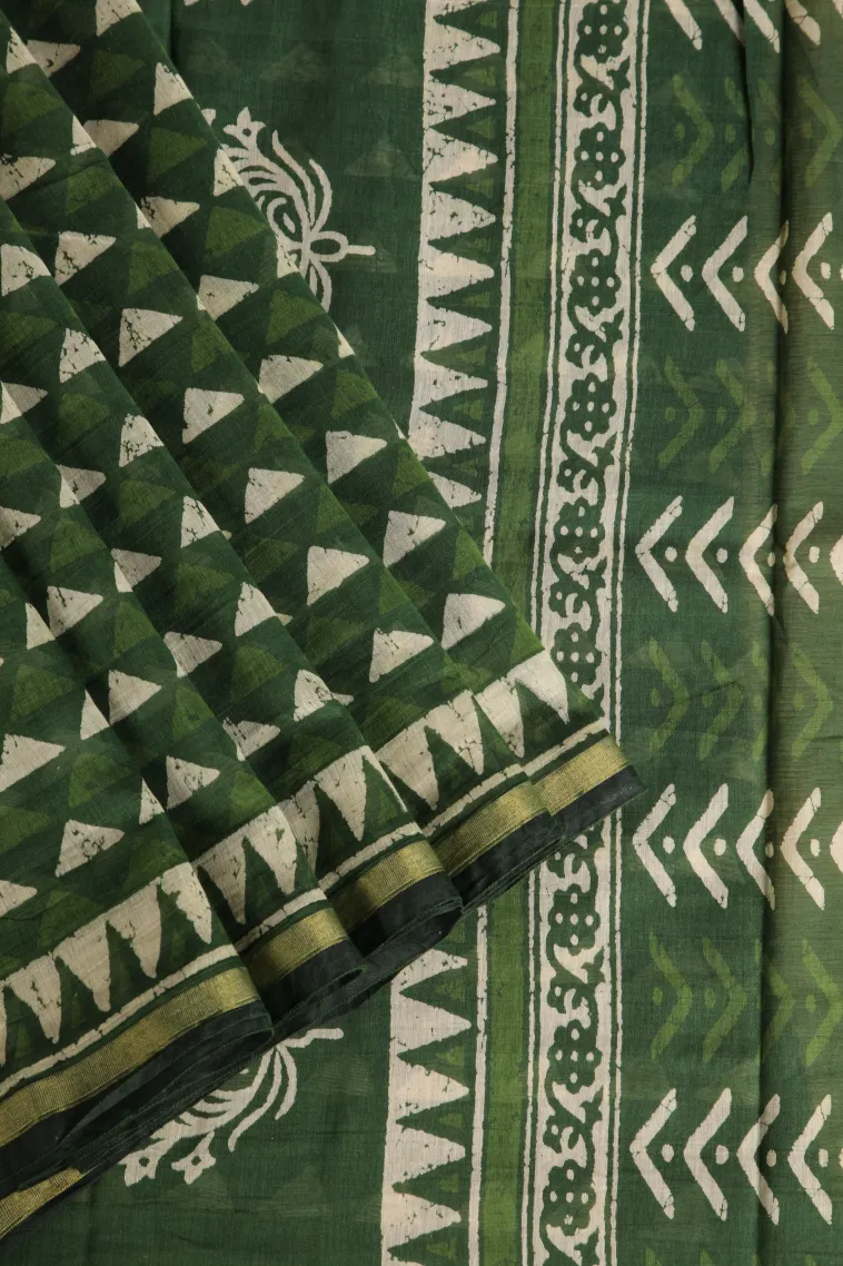 Seaweed Green Chanderi Cotton Sarees Without Zari With Geometric Shapes view 1