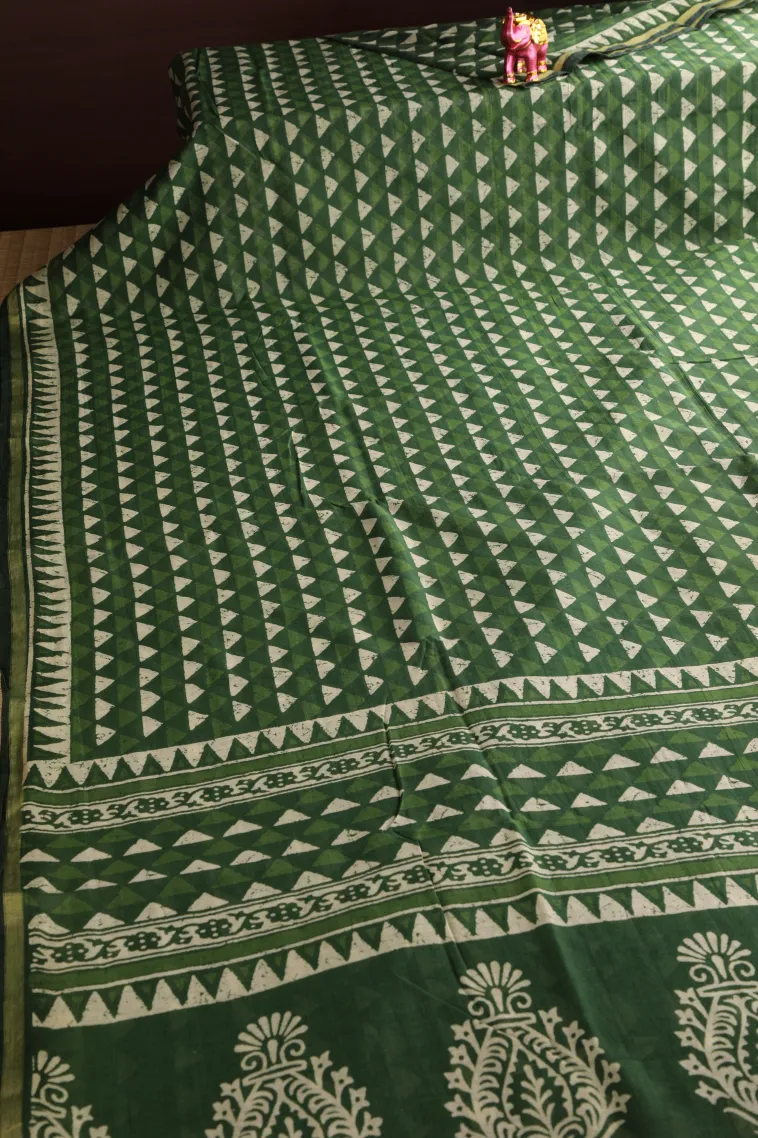 Seaweed Green Chanderi Cotton Sarees Without Zari With Geometric Shapes view 2