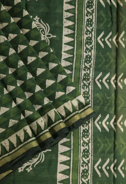 Seaweed Green Chanderi Cotton Sarees Without Zari With Geometric Shapes
