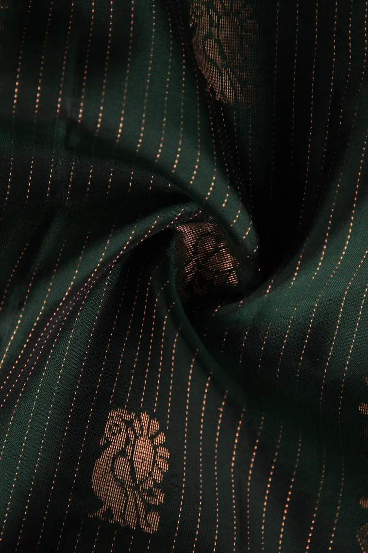 Bottle Green Soft Silk Saree with Copper Zari Peacock Motifs view 4