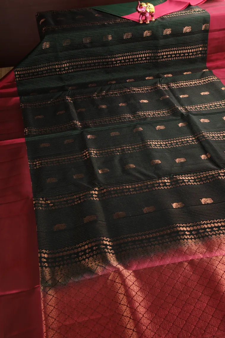 Bottle Green Soft Silk Saree with Copper Zari Peacock Motifs view 2