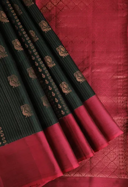 Bottle Green Soft Silk Saree with Copper Zari Peacock Motifs