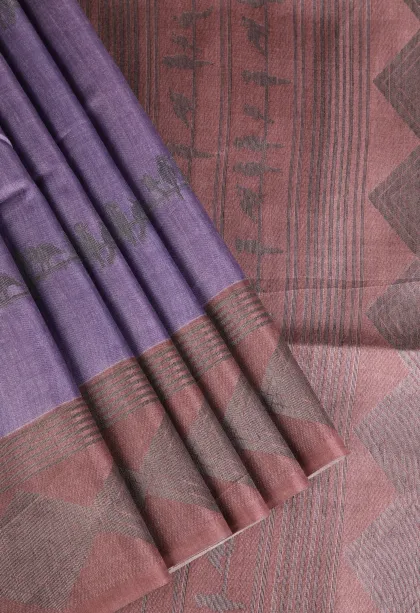 Mauve Purple Jute Sarees with Antic Zari Birds Mottif
