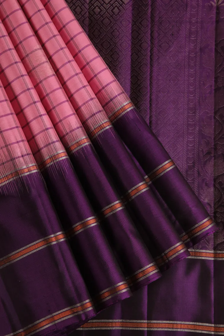Rose Pink Soft Silk Saree with Silver Zari Checks