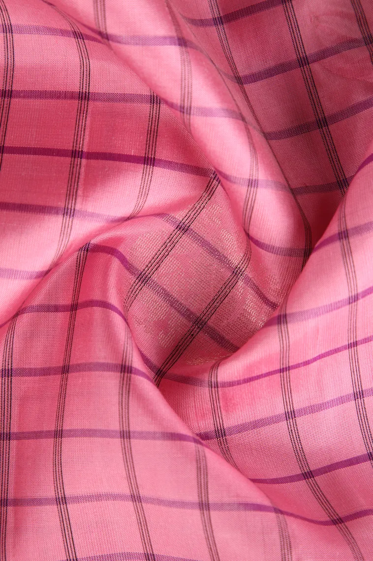Rose Pink Soft Silk Saree with Silver Zari Checks view 4