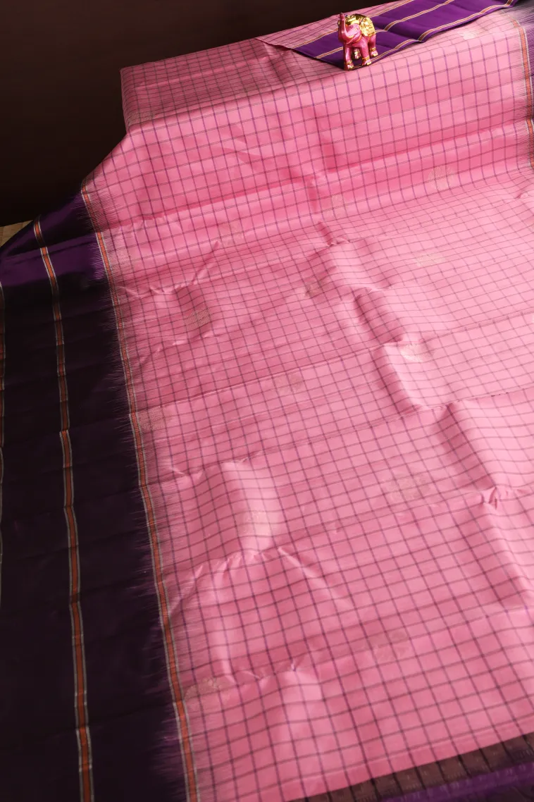 Rose Pink Soft Silk Saree with Silver Zari Checks view 2