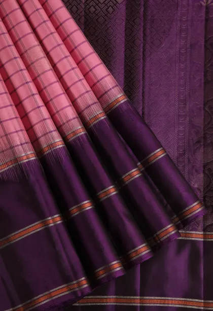 Rose Pink Soft Silk Saree with Silver Zari Checks