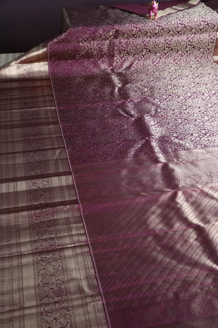 Magenta Purple Kanchipuram Silk Sarees with Gold Zari Floral Patterns view 2