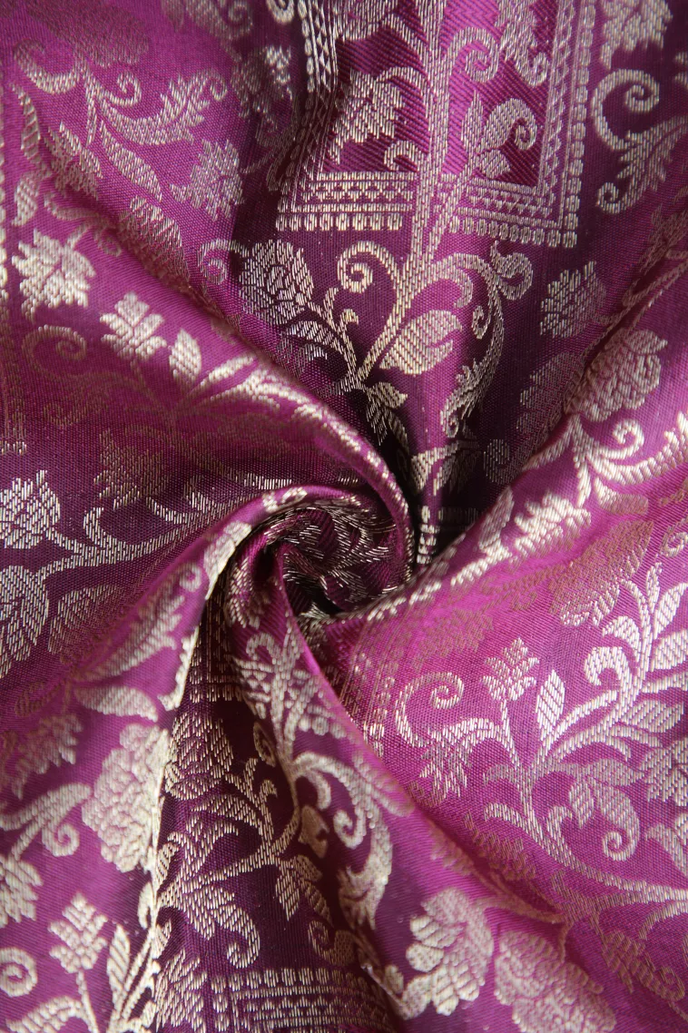Magenta Purple Kanchipuram Silk Sarees with Gold Zari Floral Patterns view 4