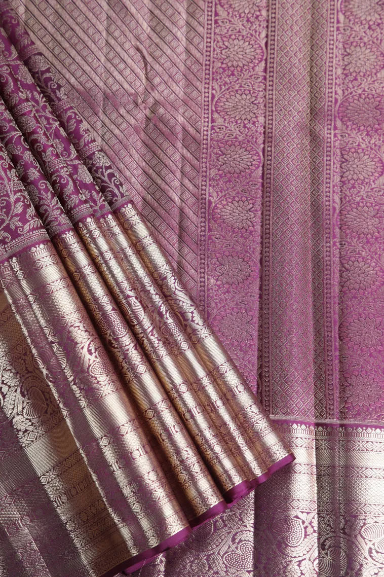 Magenta Purple Kanchipuram Silk Sarees with Gold Zari Floral Patterns