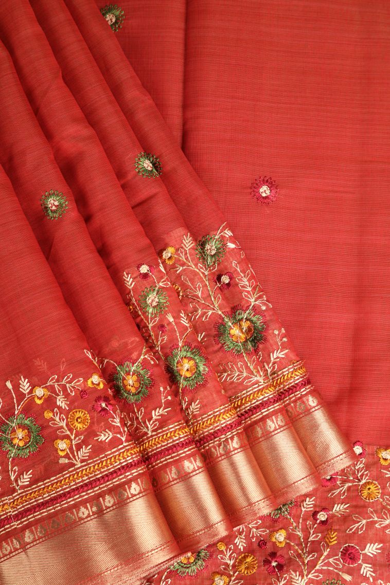 Dawn Red Chanderi Cotton Sarees Gold Zari with Floral Puttas Embroidary view 1